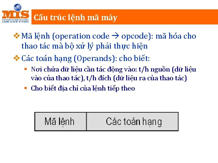 Cấu trúc lệnh mã máy v Mã lệnh (operation code opcode): mã hóa cho