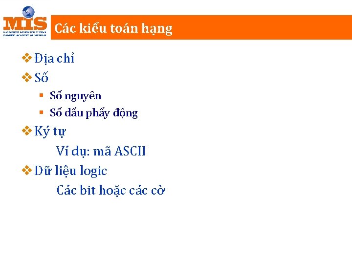 Các kiểu toán hạng v Địa chỉ v Số § Số nguyên § Số