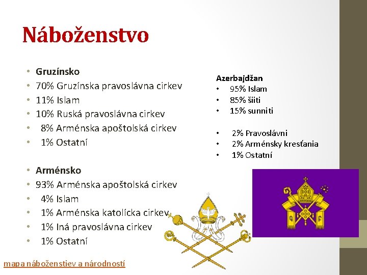 Náboženstvo • • • Gruzínsko 70% Gruzínska pravoslávna cirkev 11% Islam 10% Ruská pravoslávna