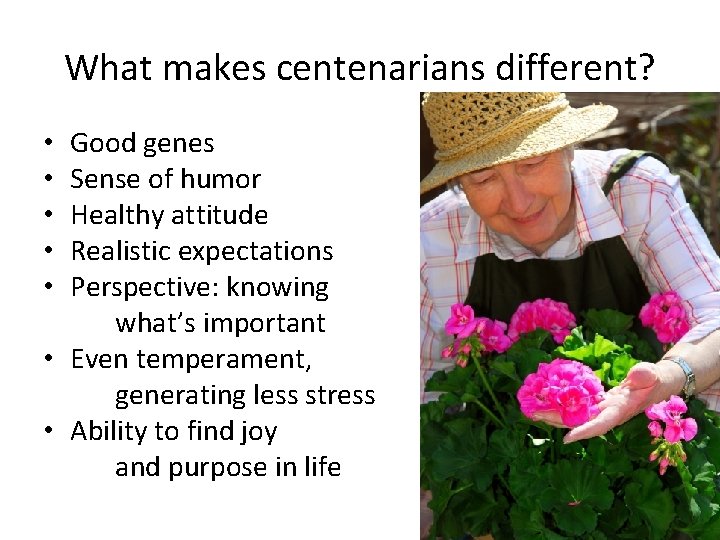 What makes centenarians different? Good genes Sense of humor Healthy attitude Realistic expectations Perspective: