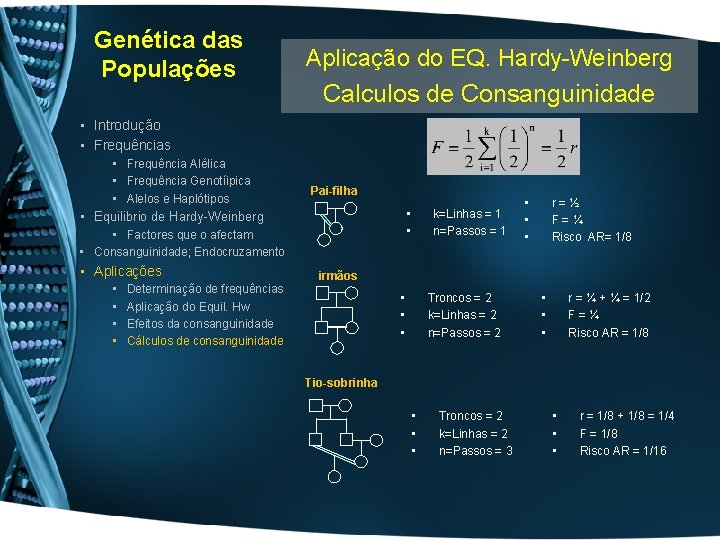 Genética das Populações Aplicação do EQ. Hardy-Weinberg Calculos de Consanguinidade • Introdução • Frequências