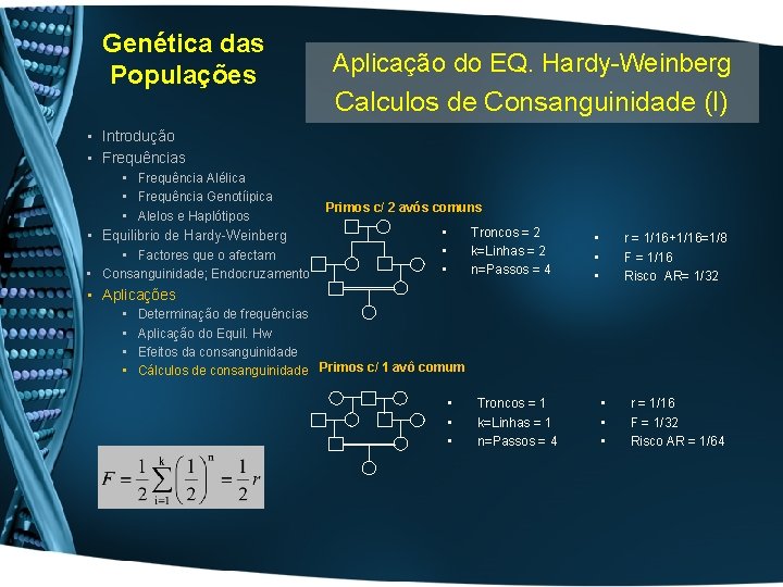 Genética das Populações Aplicação do EQ. Hardy-Weinberg Calculos de Consanguinidade (I) • Introdução •