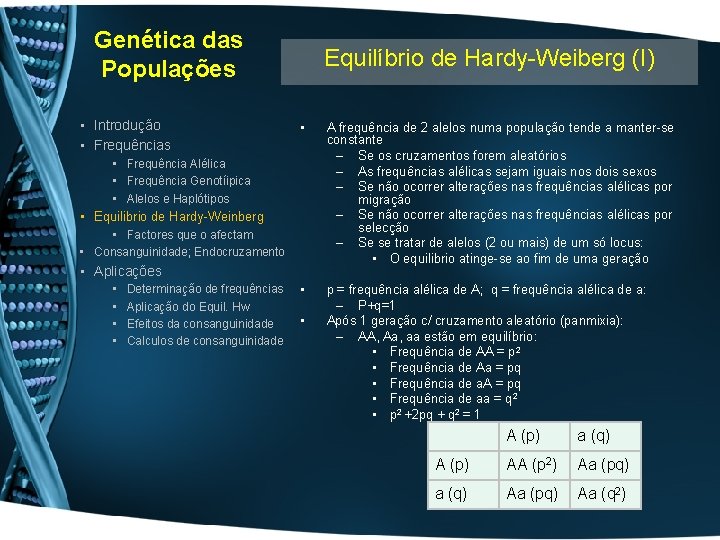 Genética das Populações • Introdução • Frequências Equilíbrio de Hardy-Weiberg (I) • A frequência