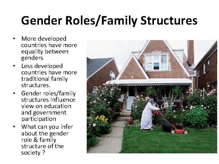 Gender Roles/Family Structures • More developed countries have more equality between genders • Less