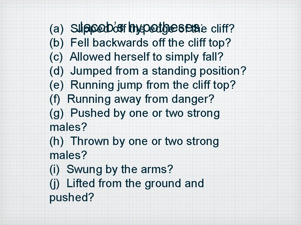 Jacob’s (a) Slipped off hypotheses: the edge of the cliff? (b) Fell backwards off