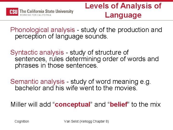 Levels of Analysis of Language Phonological analysis - study of the production and perception Levels of Analysis of Language Phonological analysis - study of the production and perception
