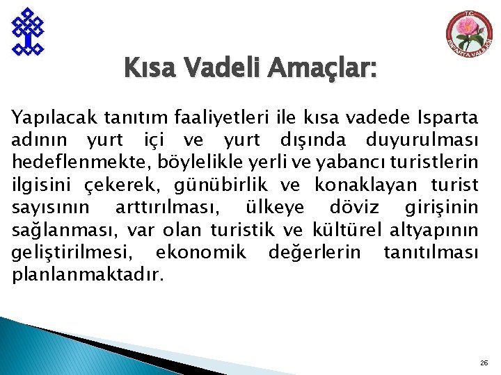 Kısa Vadeli Amaçlar: Yapılacak tanıtım faaliyetleri ile kısa vadede Isparta adının yurt içi ve