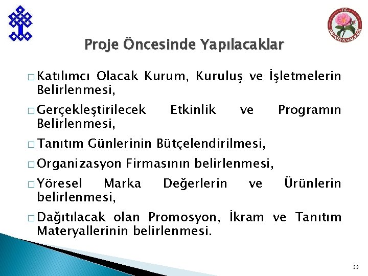 Proje Öncesinde Yapılacaklar � Katılımcı Olacak Kurum, Kuruluş ve İşletmelerin Belirlenmesi, � Gerçekleştirilecek Belirlenmesi,