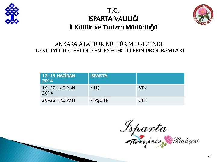 T. C. ISPARTA VALİLİĞİ İl Kültür ve Turizm Müdürlüğü ANKARA ATATÜRK KÜLTÜR MERKEZİ’NDE TANITIM