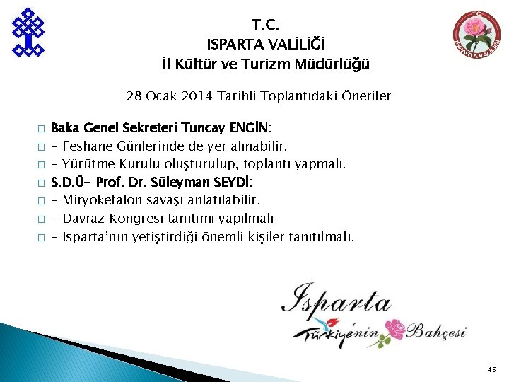 T. C. ISPARTA VALİLİĞİ İl Kültür ve Turizm Müdürlüğü 28 Ocak 2014 Tarihli Toplantıdaki