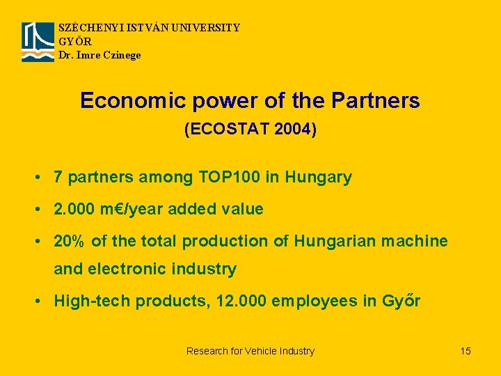 SZÉCHENYI ISTVÁN UNIVERSITY GYŐR Dr. Imre Czinege Economic power of the Partners (ECOSTAT 2004)