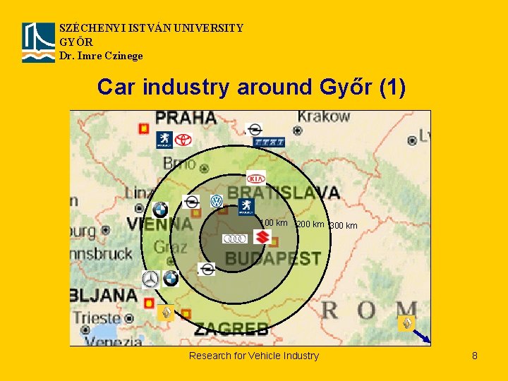 SZÉCHENYI ISTVÁN UNIVERSITY GYŐR Dr. Imre Czinege Car industry around Győr (1) 100 km