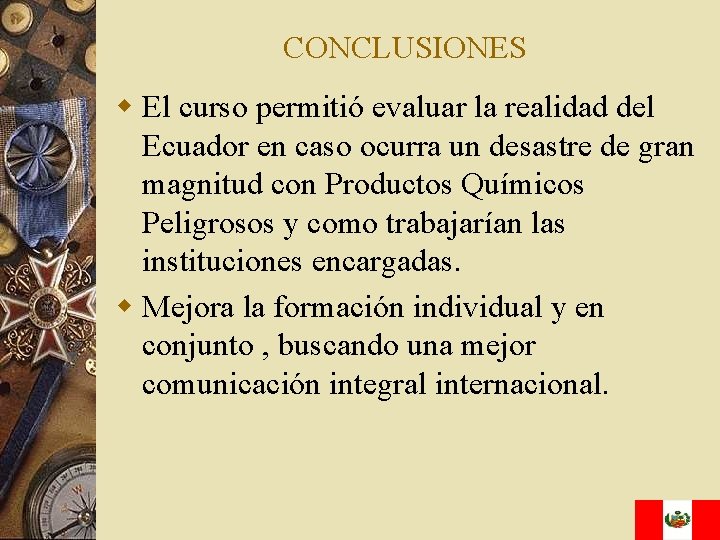 CONCLUSIONES w El curso permitió evaluar la realidad del Ecuador en caso ocurra un