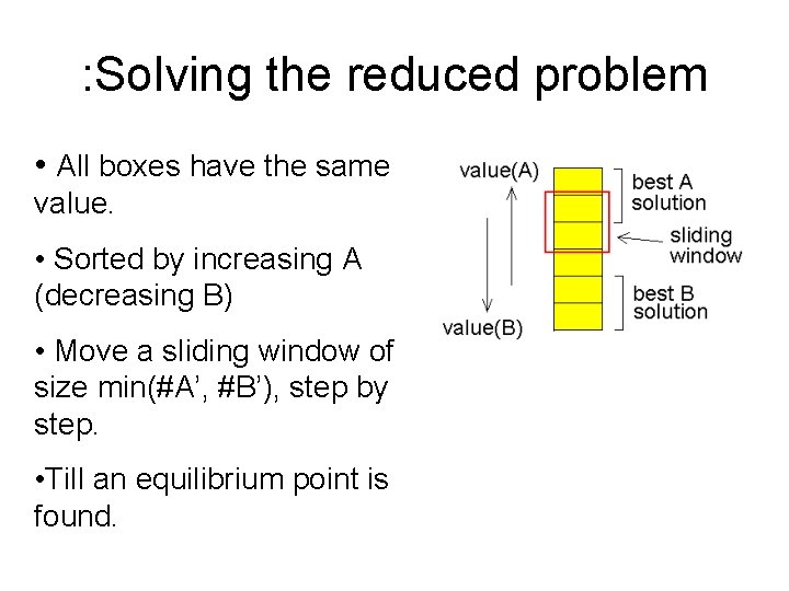 : Solving the reduced problem • All boxes have the same value. • Sorted