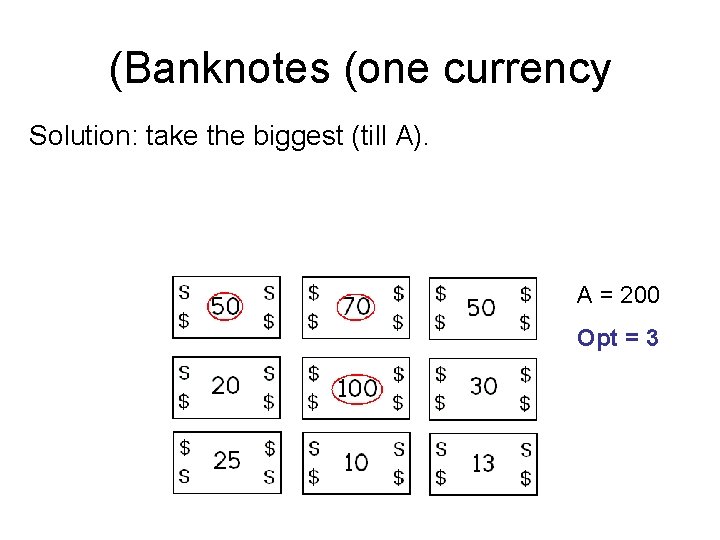 (Banknotes (one currency Solution: take the biggest (till A). A = 200 Opt =