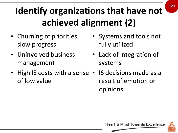 Identify organizations that have not achieved alignment (2) • Churning of priorities; • Systems