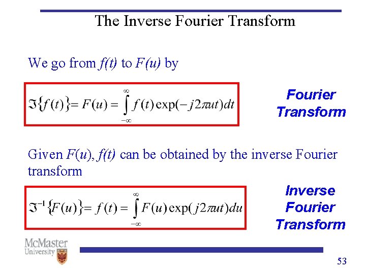 The Inverse Fourier Transform We go from f(t) to F(u) by Fourier Transform Given