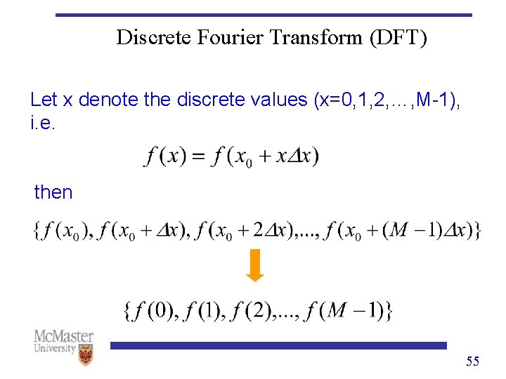 Discrete Fourier Transform (DFT) Let x denote the discrete values (x=0, 1, 2, …,