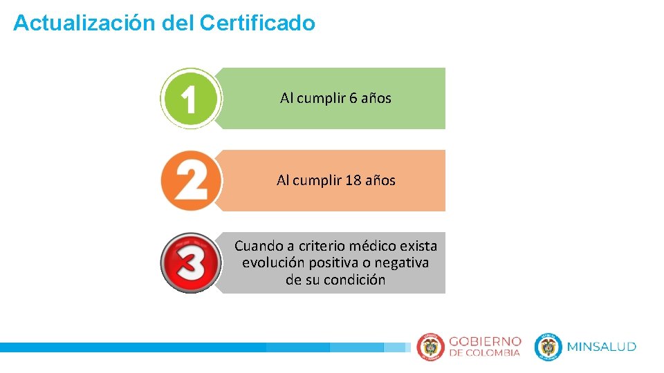 Actualización del Certificado Al cumplir 6 años Al cumplir 18 años Cuando a criterio