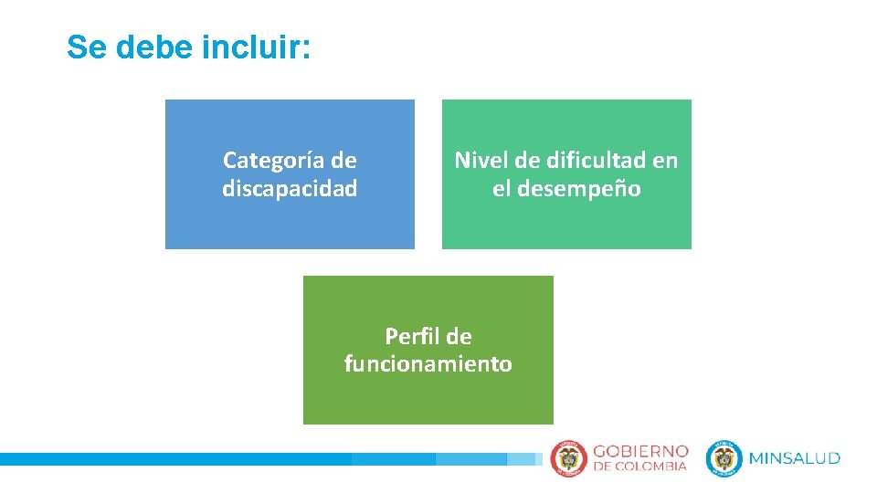 Se debe incluir: Categoría de discapacidad Nivel de dificultad en el desempeño Perfil de