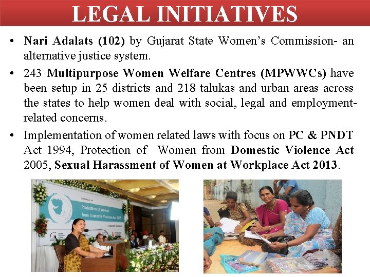 LEGAL INITIATIVES • Nari Adalats (102) by Gujarat State Women’s Commission- an alternative justice