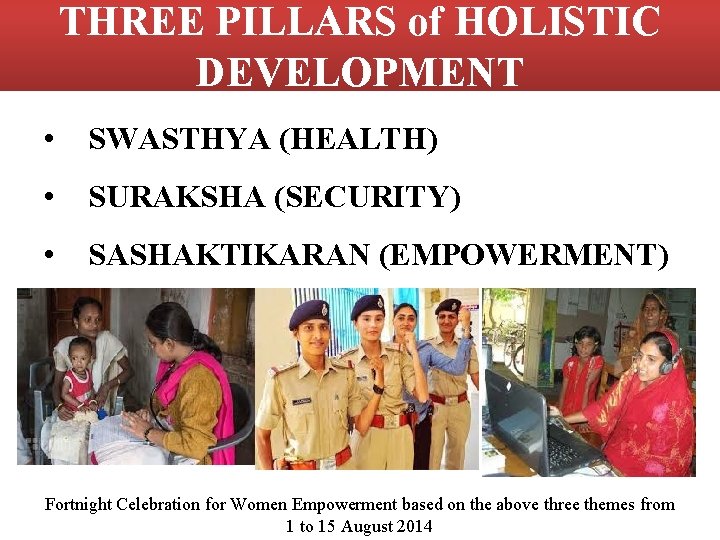 THREE PILLARS of HOLISTIC DEVELOPMENT • SWASTHYA (HEALTH) • SURAKSHA (SECURITY) • SASHAKTIKARAN (EMPOWERMENT)