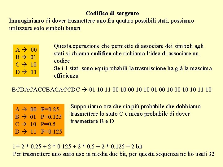 Codifica di sorgente Immaginiamo di dover trasmettere uno fra quattro possibili stati, possiamo utilizzare