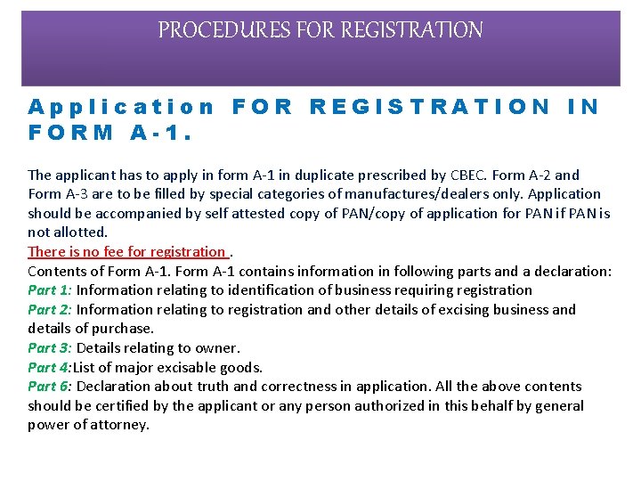 PROCEDURES FOR REGISTRATION Application FOR REGISTRATION IN FORM A-1. The applicant has to apply