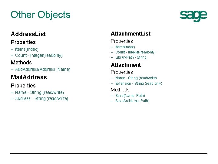 Other Objects Address. List Attachment. List Properties – Items(index) – Count - Integer(readonly) Methods