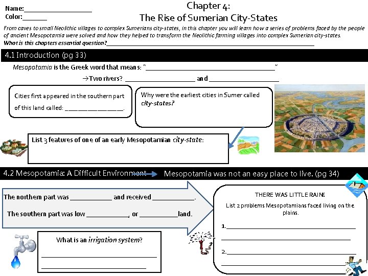 Name: __________ Color: _______ Chapter 4: The Rise of Sumerian City-States From caves to