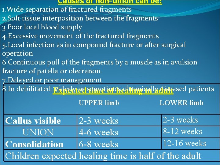 Causes of non-union can be: 1. Wide separation of fractured fragments 2. Soft tissue Causes of non-union can be: 1. Wide separation of fractured fragments 2. Soft tissue