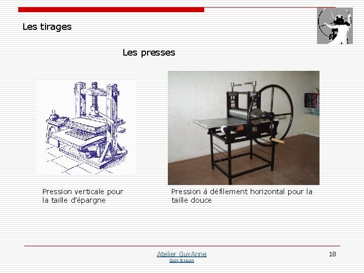 Les tirages Les presses Pression verticale pour la taille d’épargne Pression à défilement horizontal Les tirages Les presses Pression verticale pour la taille d’épargne Pression à défilement horizontal