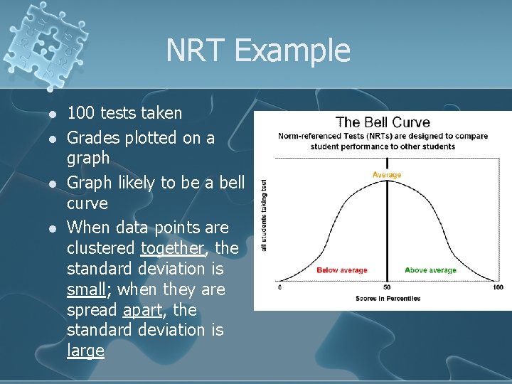 NRT Example l l 100 tests taken Grades plotted on a graph Graph likely