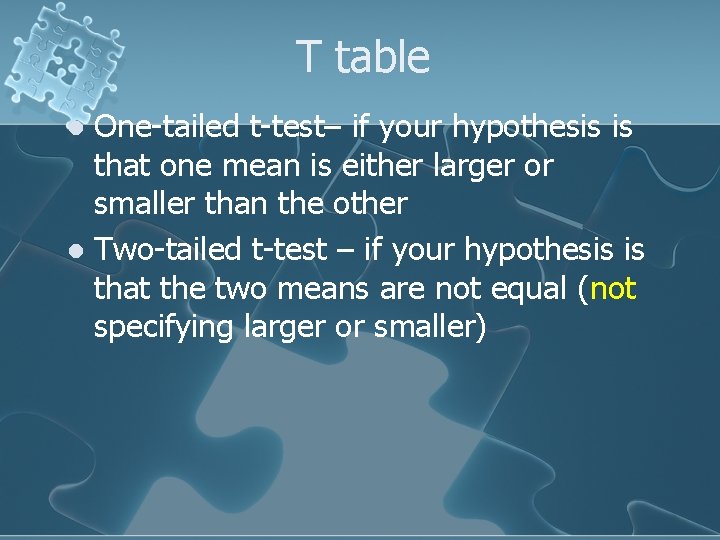 T table One-tailed t-test– if your hypothesis is that one mean is either larger