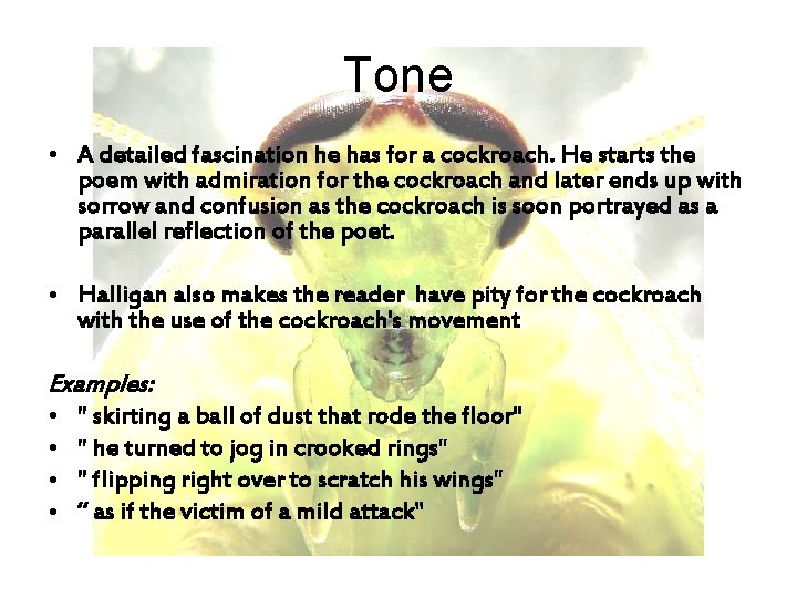 Tone • A detailed fascination he has for a cockroach. He starts the poem