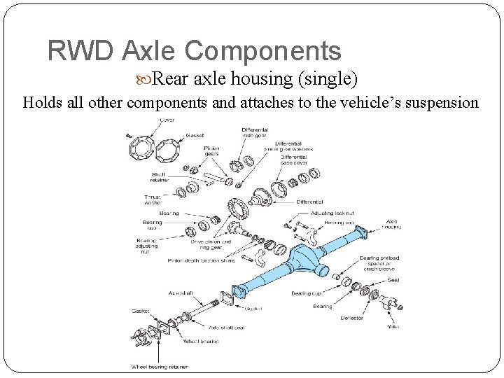 RWD Axle Components Rear axle housing (single) Holds all other components and attaches to