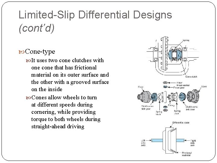 Limited-Slip Differential Designs (cont’d) Cone-type It uses two cone clutches with one cone that