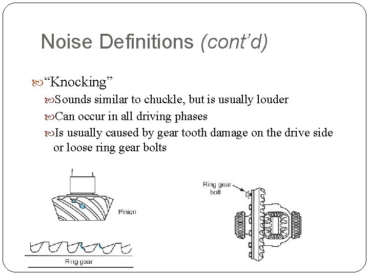 Noise Definitions (cont’d) “Knocking” Sounds similar to chuckle, but is usually louder Can occur