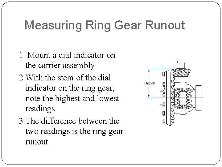 Measuring Ring Gear Runout 1. Mount a dial indicator on the carrier assembly 2.