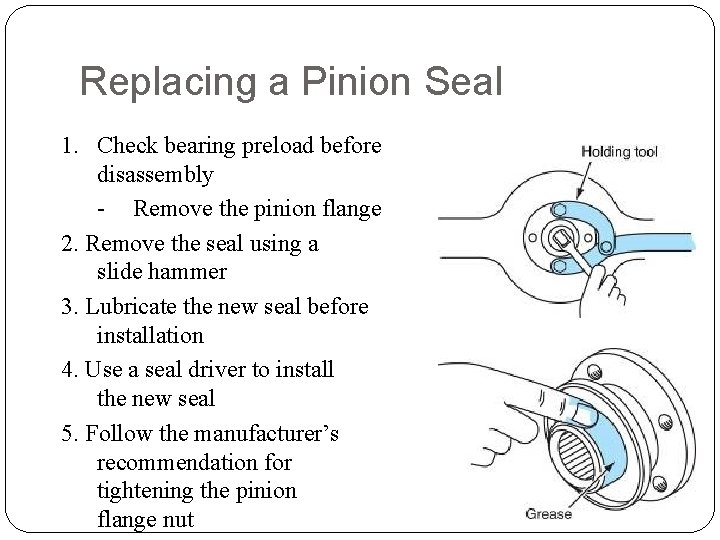 Replacing a Pinion Seal 1. Check bearing preload before disassembly - Remove the pinion