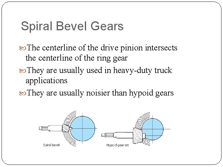 Spiral Bevel Gears The centerline of the drive pinion intersects the centerline of the