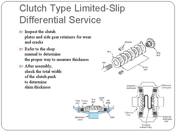 Clutch Type Limited-Slip Differential Service Inspect the clutch plates and side gear retainers for