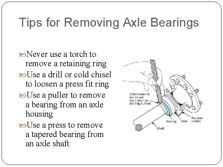 Tips for Removing Axle Bearings Never use a torch to remove a retaining ring