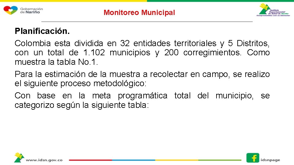 Monitoreo Municipal Planificación. Colombia esta dividida en 32 entidades territoriales y 5 Distritos, con