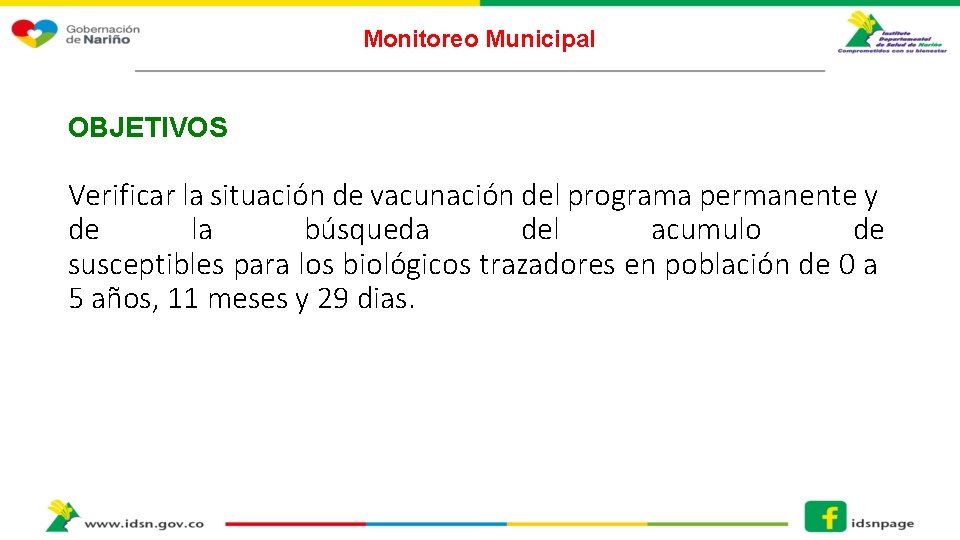 Monitoreo Municipal OBJETIVOS Verificar la situación de vacunación del programa permanente y de la