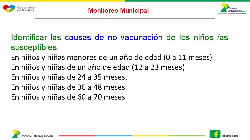 Monitoreo Municipal Identificar las causas de no vacunación de los niños /as susceptibles. En