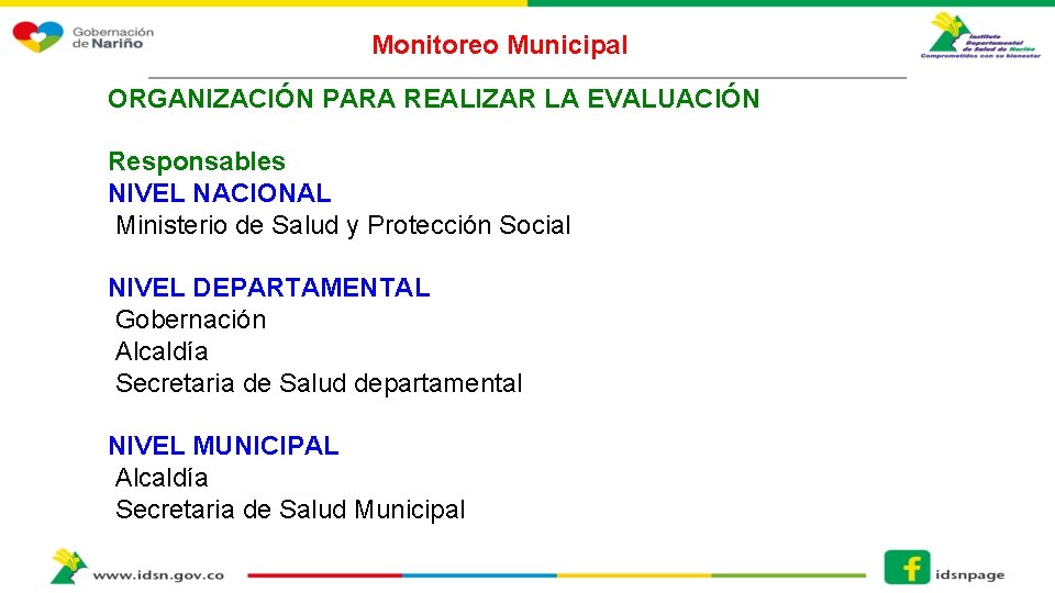 Monitoreo Municipal ORGANIZACIÓN PARA REALIZAR LA EVALUACIÓN Responsables NIVEL NACIONAL Ministerio de Salud y