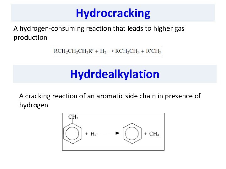 Hydrocracking A hydrogen-consuming reaction that leads to higher gas production Hydrdealkylation A cracking reaction