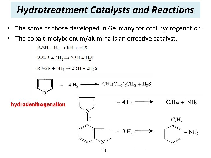 Hydrotreatment Catalysts and Reactions • The same as those developed in Germany for coal