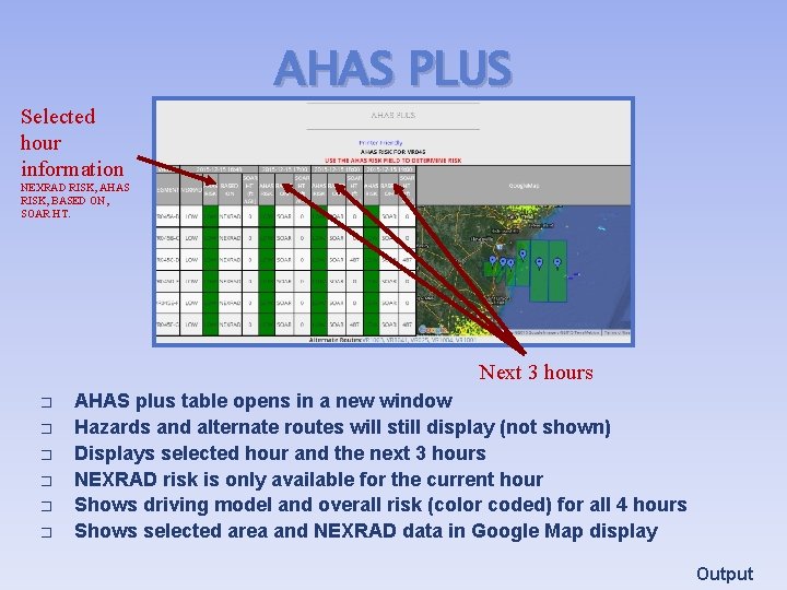 Selected hour information AHAS PLUS NEXRAD RISK, AHAS RISK, BASED ON, SOAR HT. Next